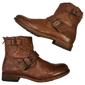 FRYE Tyler Engineer back zip Cognac Leather Short Boots SIZE 7B